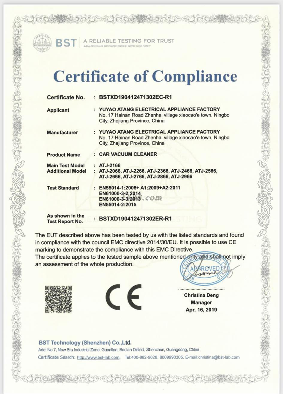 CE Certificate — Car Vacuum Cleaner